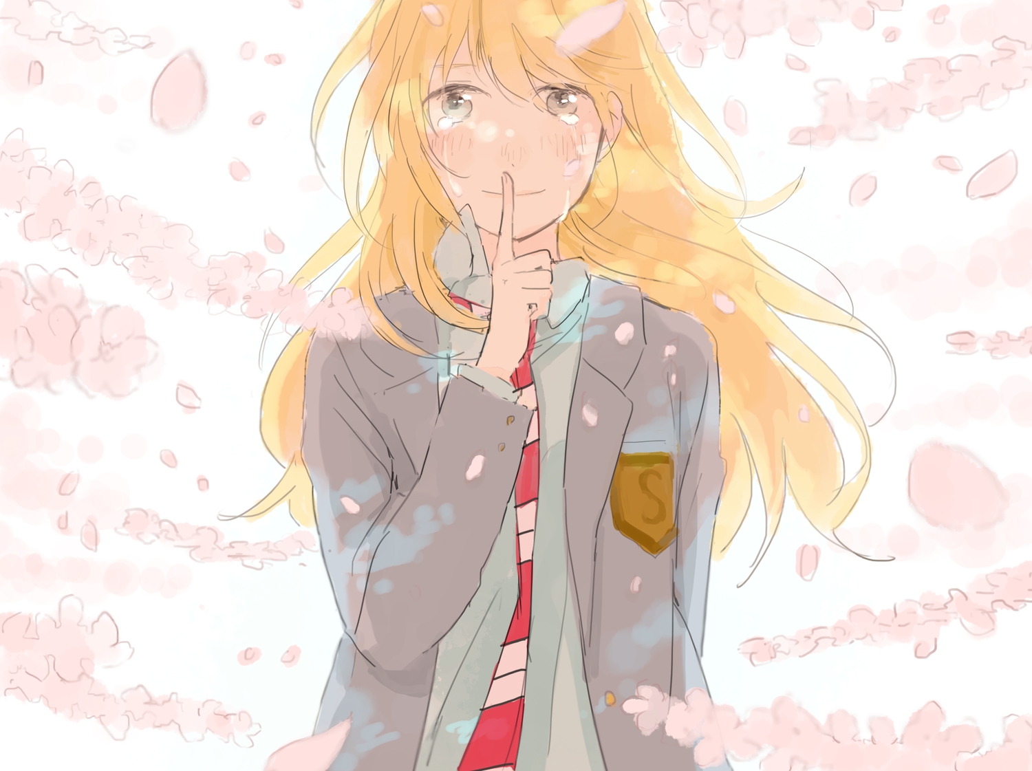 blonde_hair, blue_eyes, cherry_blossoms, flowers, hinao_(flowerrabbit2348), miyazono_kaori, petals, shigatsu_wa_kimi_no_uso