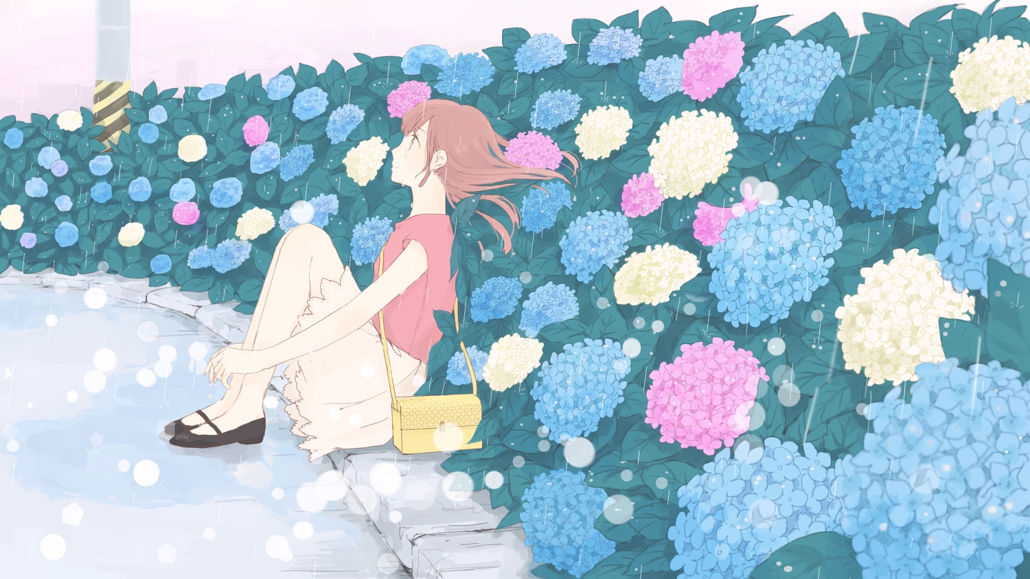 brown_eyes, brown_hair, flowers, hinao_(flowerrabbit2348), long_hair, original, rain, skirt