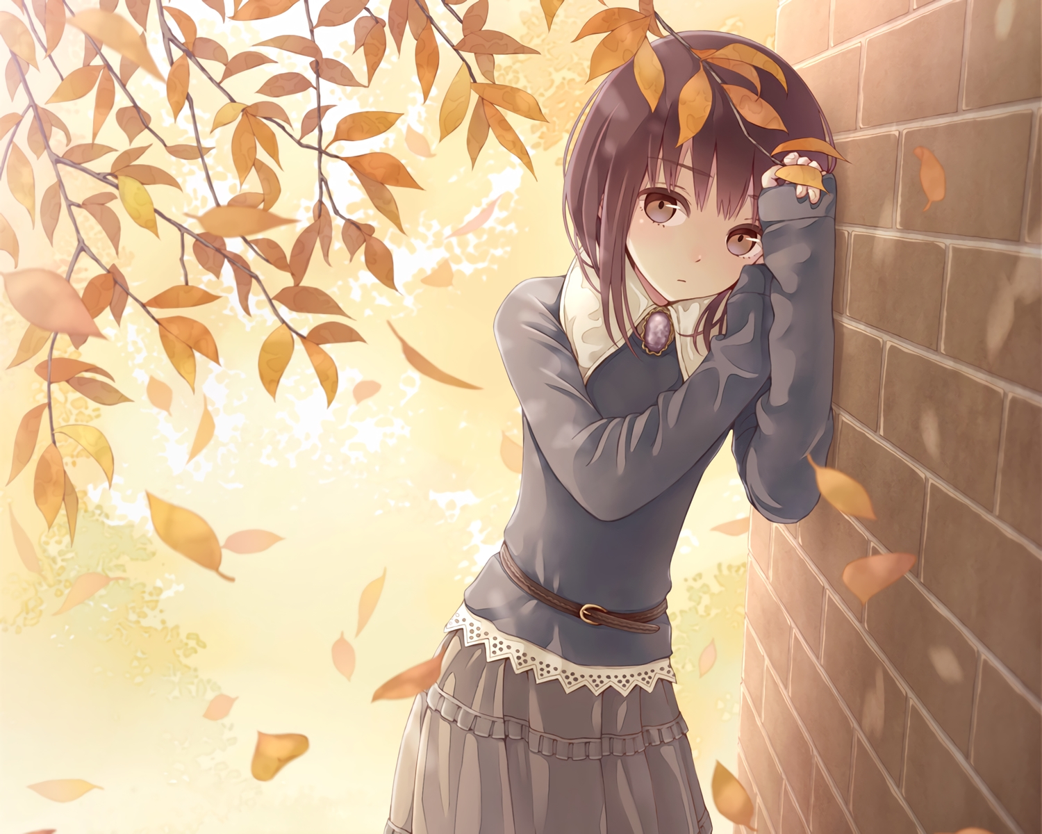 autumn, brown_eyes, brown_hair, cropped, leaves, original, short_hair, skirt, tokumaru, waifu2x