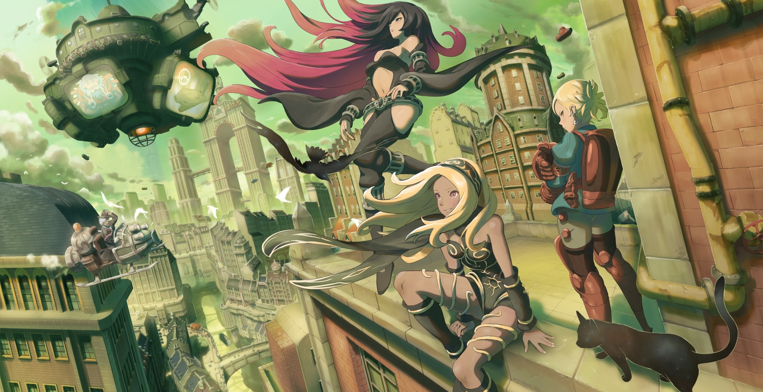 airship, animal, bird, boots, building, cat, city, dark_skin, gloves, gravity_daze, green, group, hat, inoki, kat_(gravity_daze), kneehighs, male, raven_(gravity_daze)