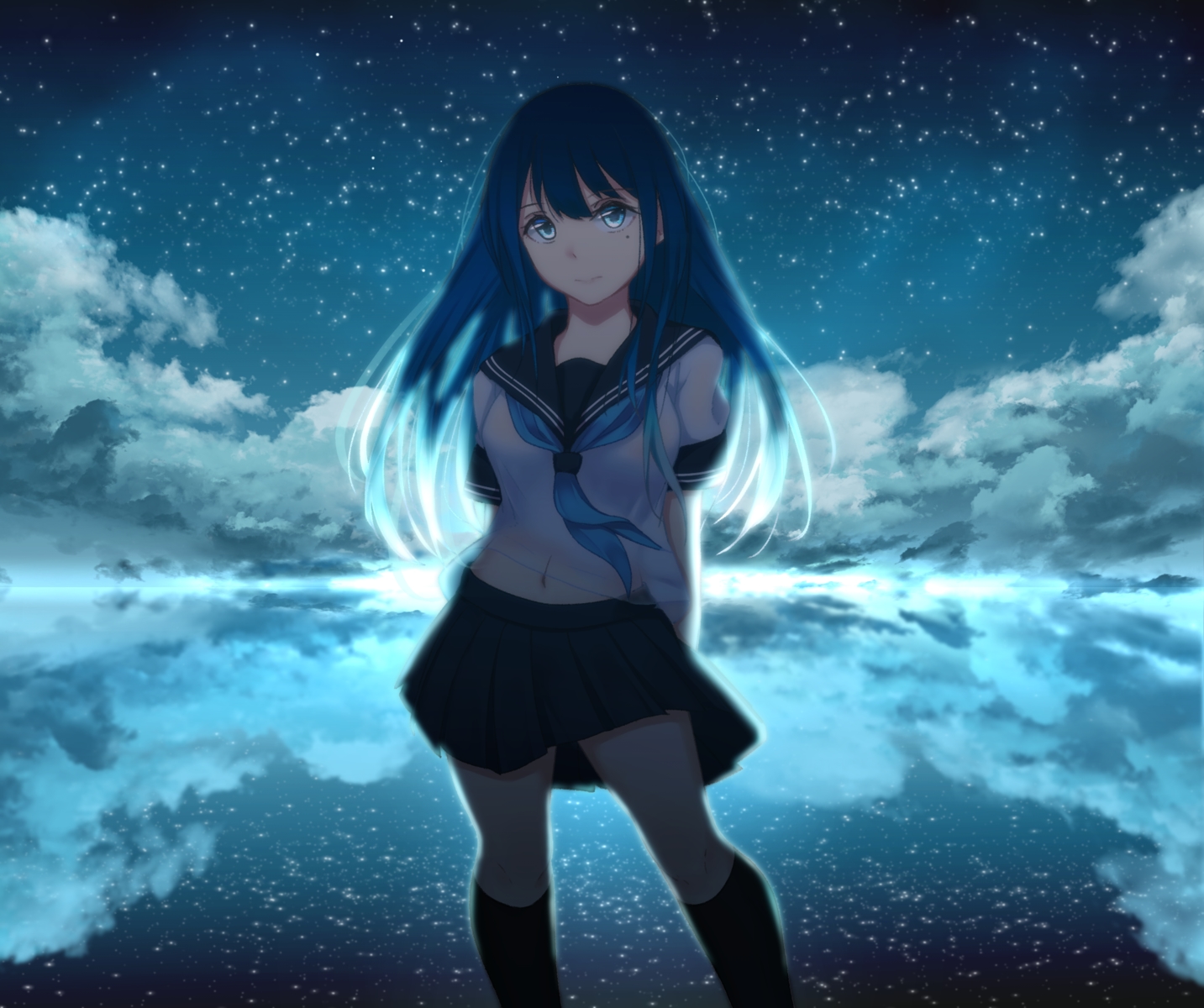 blue_eyes, blue_hair, clouds, kneehighs, long_hair, original, saitou_(lynx-shrike), school_uniform
