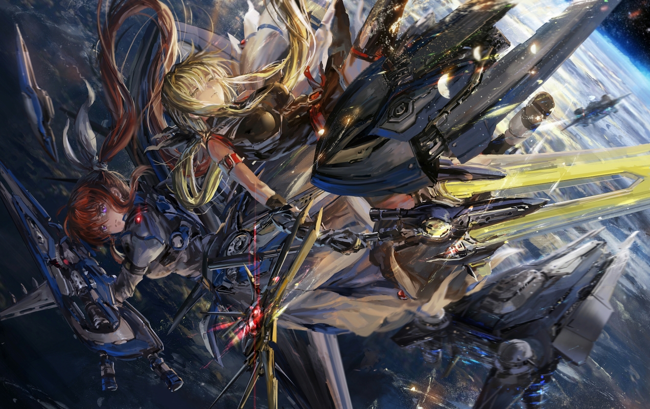 2girls, blonde_hair, fate_testarossa, mahou_shoujo_lyrical_nanoha, red_hair, space, stu_dts, sword, takamachi_nanoha, weapon