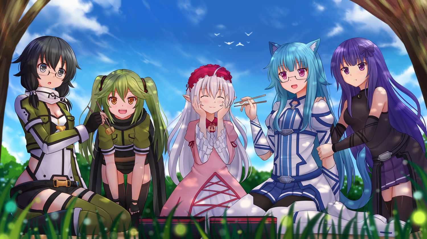 animal, animal_ears, aqua_hair, bird, black_hair, blush, boots, bow