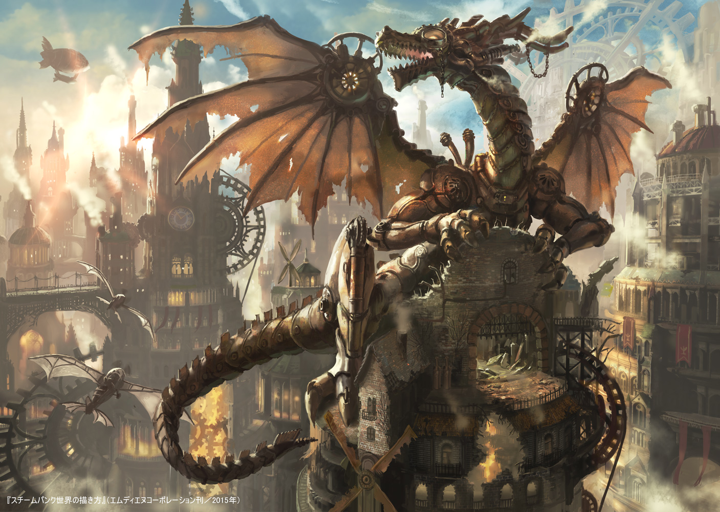 aircraft, airship, building, city, denki, dragon, industrial, original