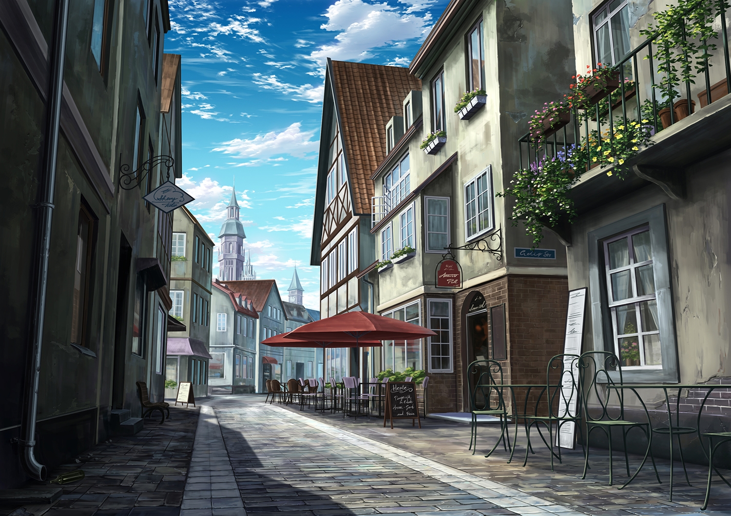 building, city, clouds, flowers, ichimiya_(araintell), leaves, no_humans, original