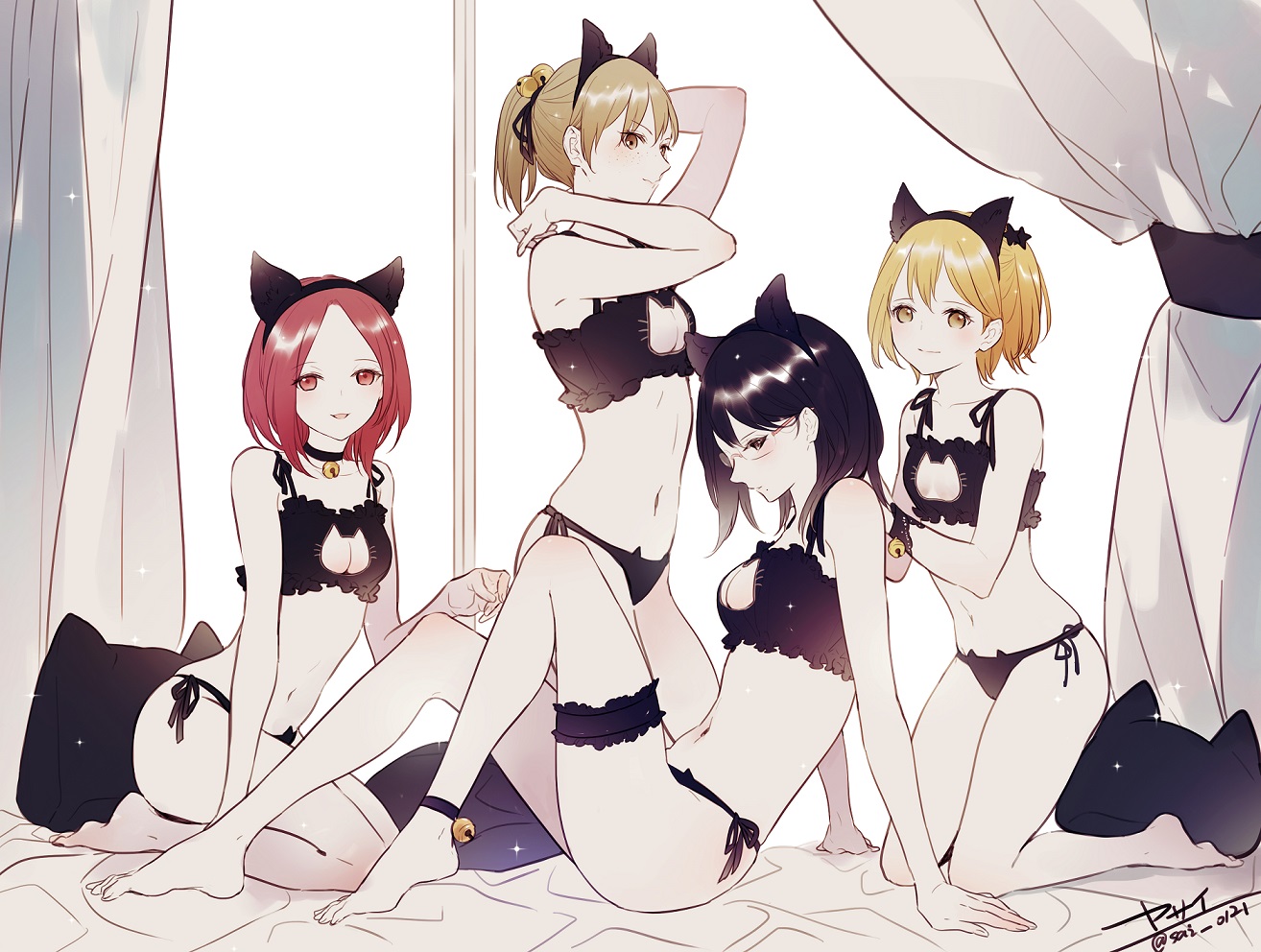 aliasing, animal_ears, bell, black_hair, blonde_hair, bra, breasts, brown_eyes, brown_hair, choker, cleavage, garter, glasses, group, haikyuu!!, headband, navel, panties, ponytail, red_eyes, red_hair, shimizu_kiyoko, shirofuku_yukie, short_hair, tagme_(character), underwear, wristwear, yachi_hitoka, yasai_(getsu)