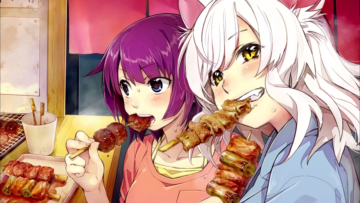 2girls, animal_ears, bakemonogatari, blue_eyes, catgirl, fang, food, hanekawa_tsubasa, kawai_makoto, monogatari_(series), nekomonogatari, purple_hair, senjougahara_hitagi, white_hair, yellow_eyes