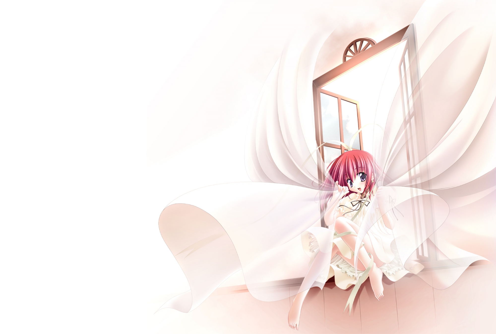 barefoot, bow, clover_studio, dress, purple_eyes, red_hair, ribbons, sayorana_etranger, sou_amane, white
