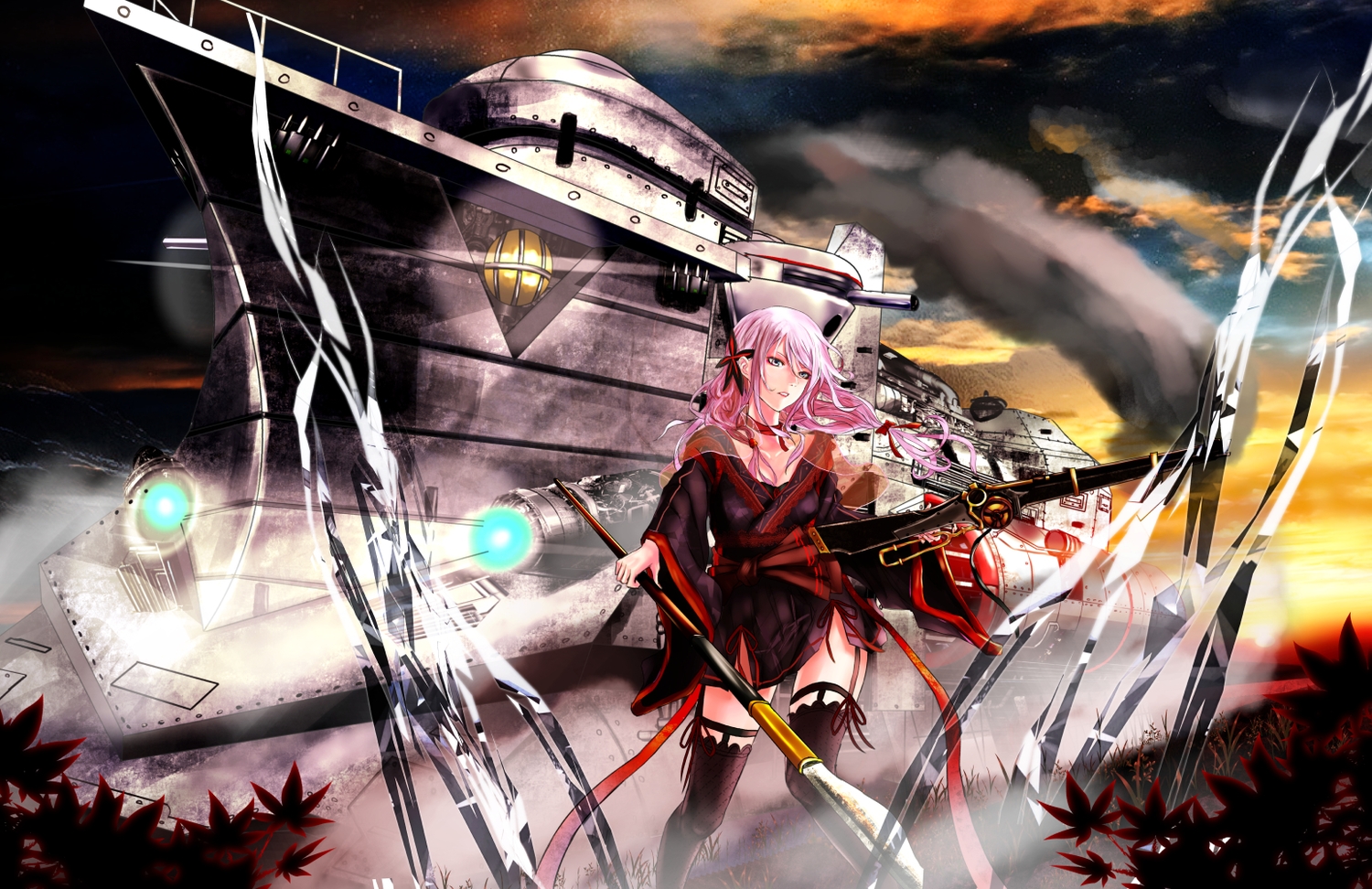 aliasing, guilty_crown, gun, japanese_clothes, koutetsujou_no_kabaneri, lolita_fashion, pink_hair, spear, tanikku, weapon, yukata, yuzuriha_inori