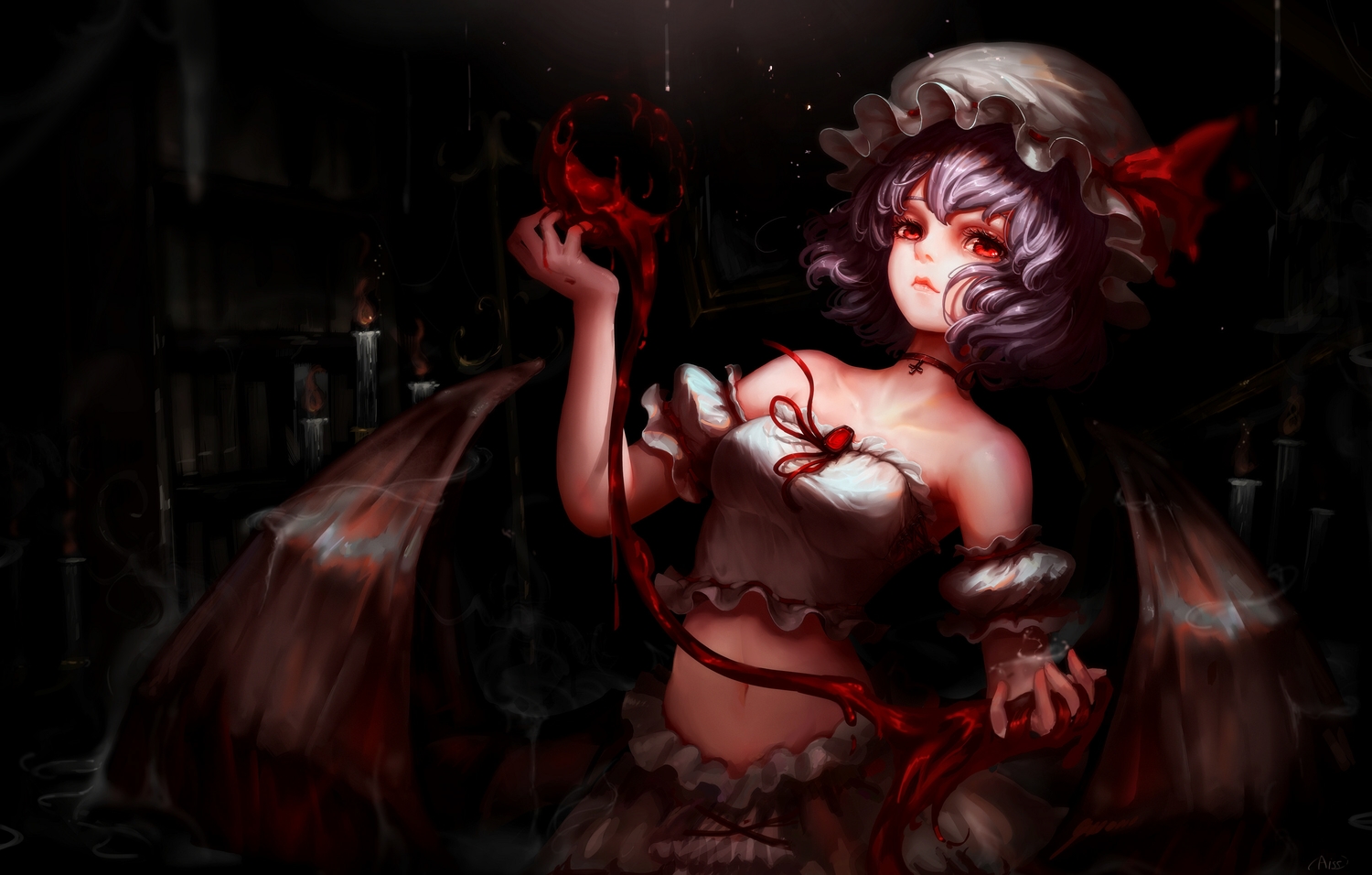 blood, choker, hat, kiyomasa_ren, navel, red_eyes, remilia_scarlet, short_hair