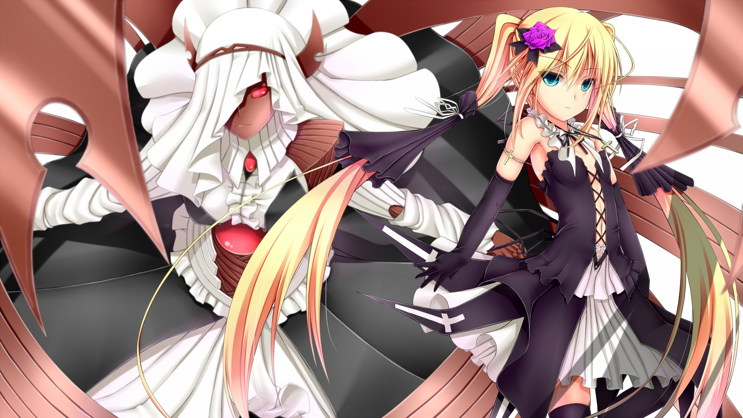 2girls, blonde_hair, blue_eyes, dark_skin, long_hair, red_eyes, seikon_no_qwaser, shouyan