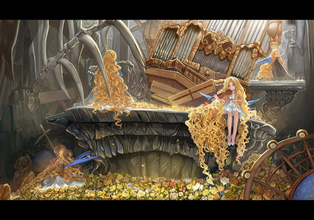 blonde_hair, dress, flowers, hu_kotora, instrument, long_hair, original, rose, violin, wings