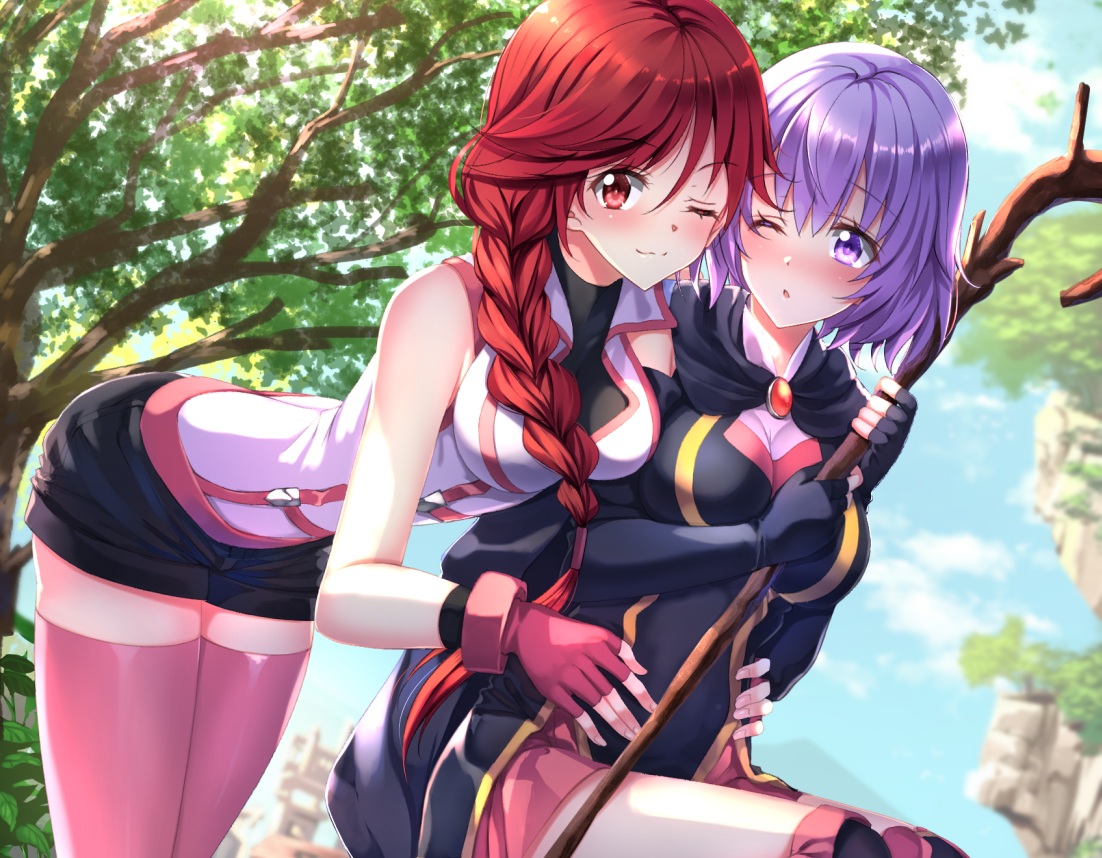 2girls, blush, braids, breasts, cape, cleavage, cropped, elbow_gloves, gloves, hai_to_gensou_no_grimgar, leaves, long_hair, ponytail, purple_eyes, purple_hair, red_eyes, red_hair, shihoru_(grimgar), short_hair, staff, swordsouls, thighhighs, tree, wink, yume_(grimgar), zettai_ryouiki