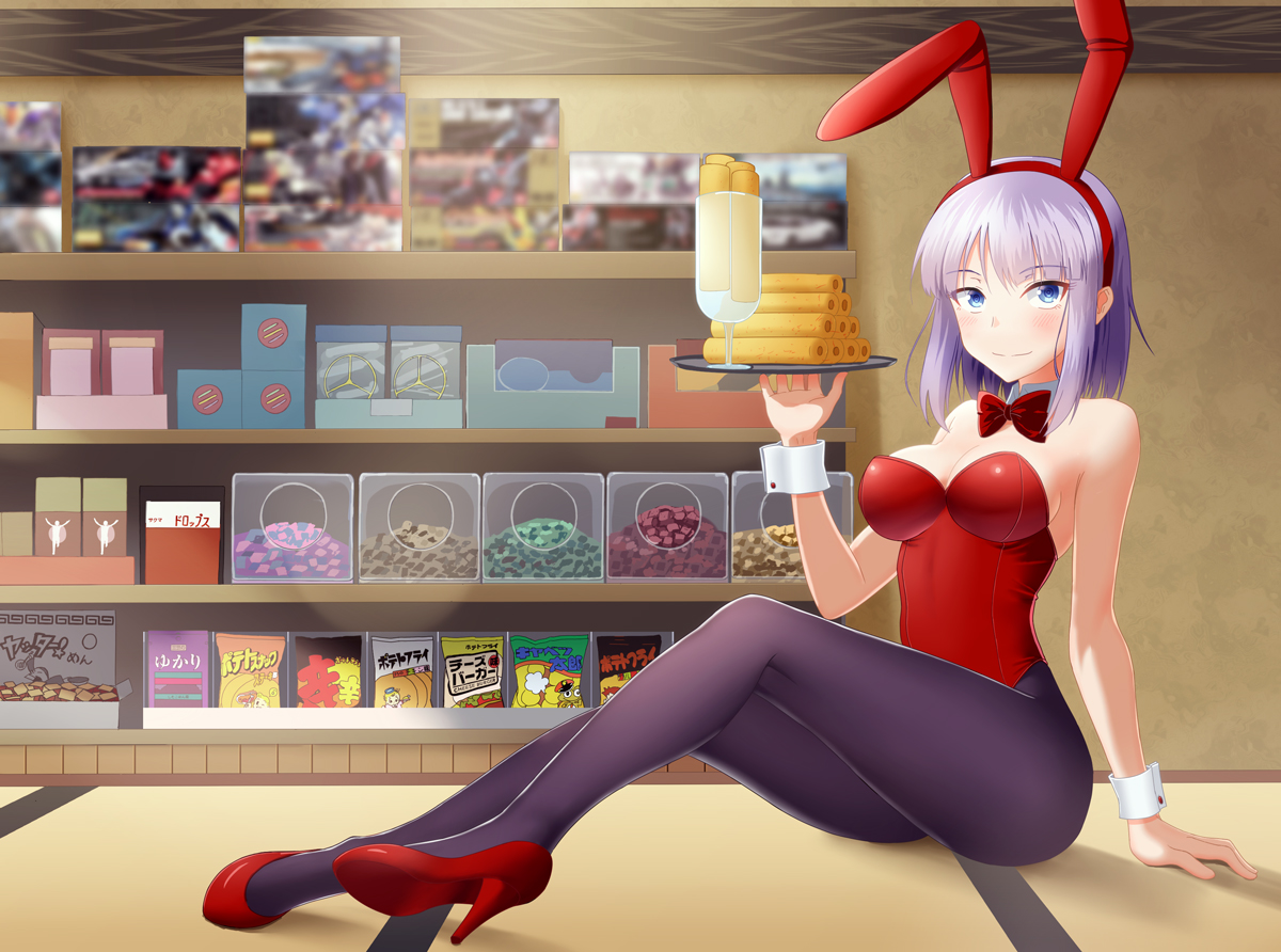 animal_ears, blue_eyes, blush, bow, breasts, bunny_ears, bunnygirl, candy