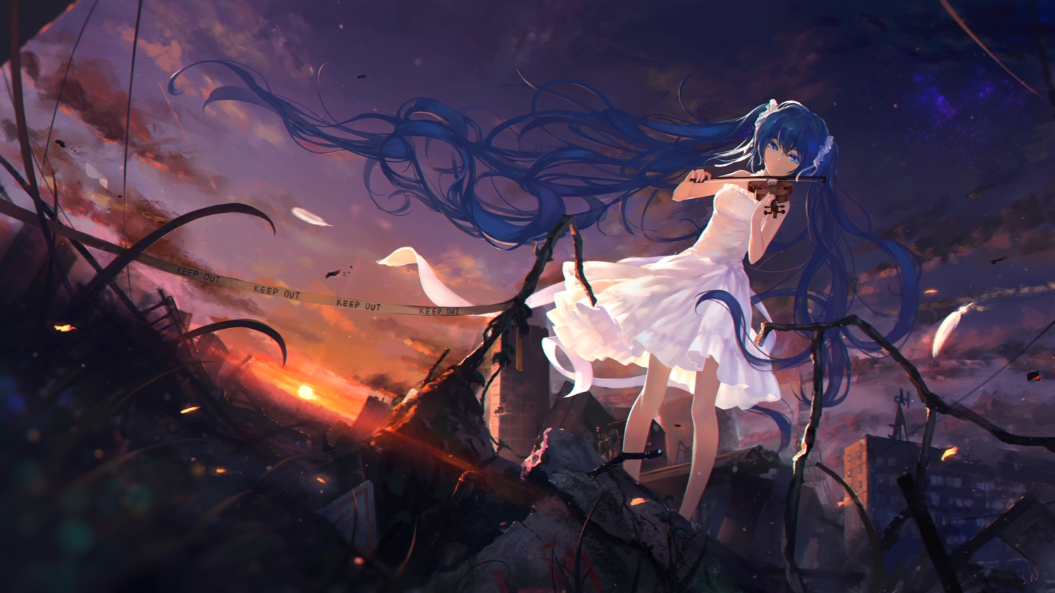 blue_eyes, blue_hair, building, city, clouds, dress, feathers, grass