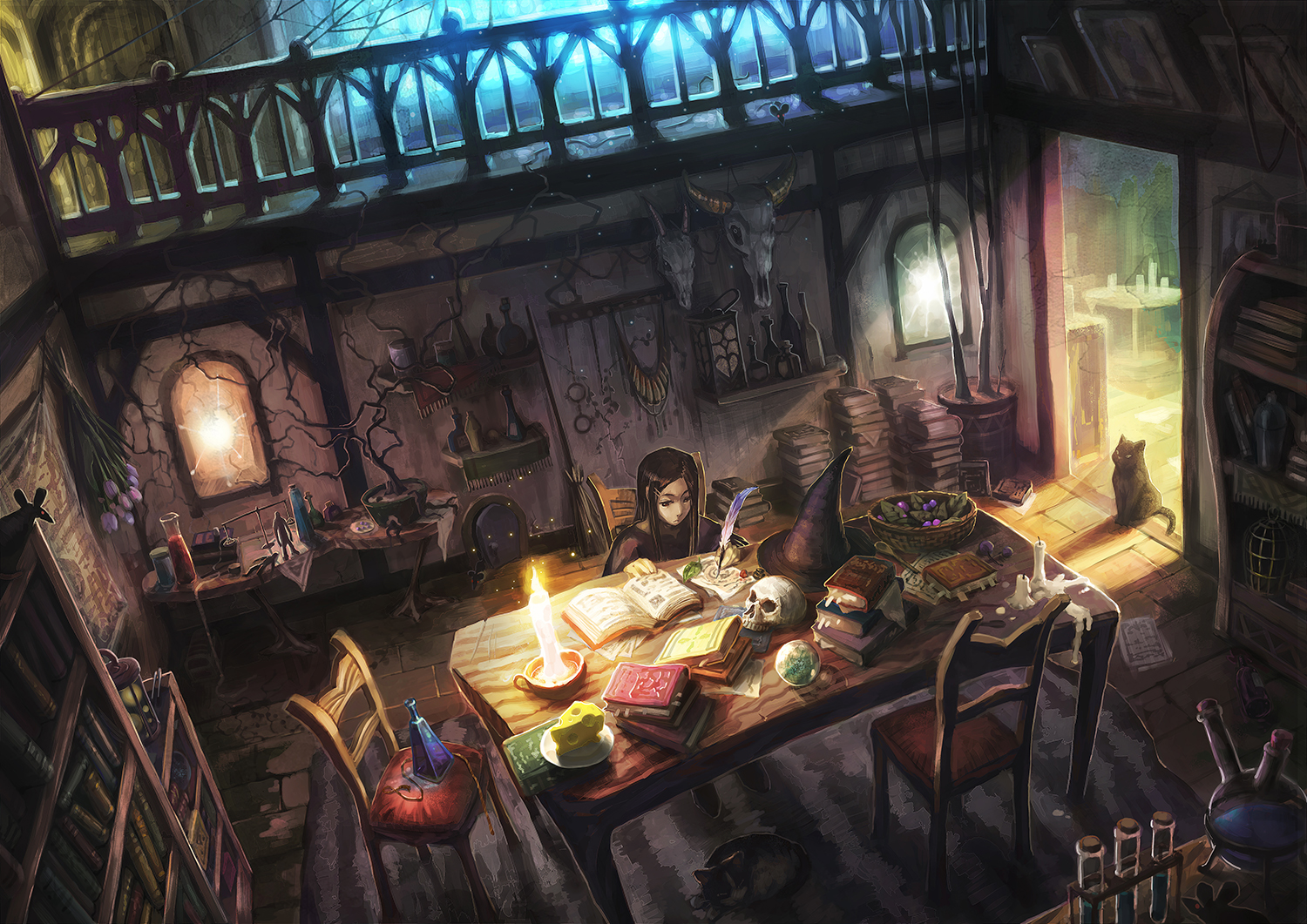 animal, book, brown_hair, cage, cat, flowers, hat, hatarisu, long_hair, mouse, original, skull, tree, witch, witch_hat