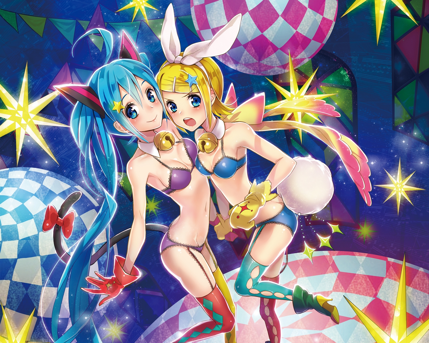 2girls, bell, blonde_hair, blue_eyes, blue_hair, blush, boots, bow