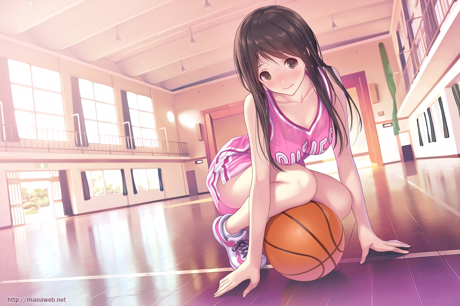 ball, basketball, blue_eyes, brown_hair, mana_kakkowarai, original, sport, waifu2x