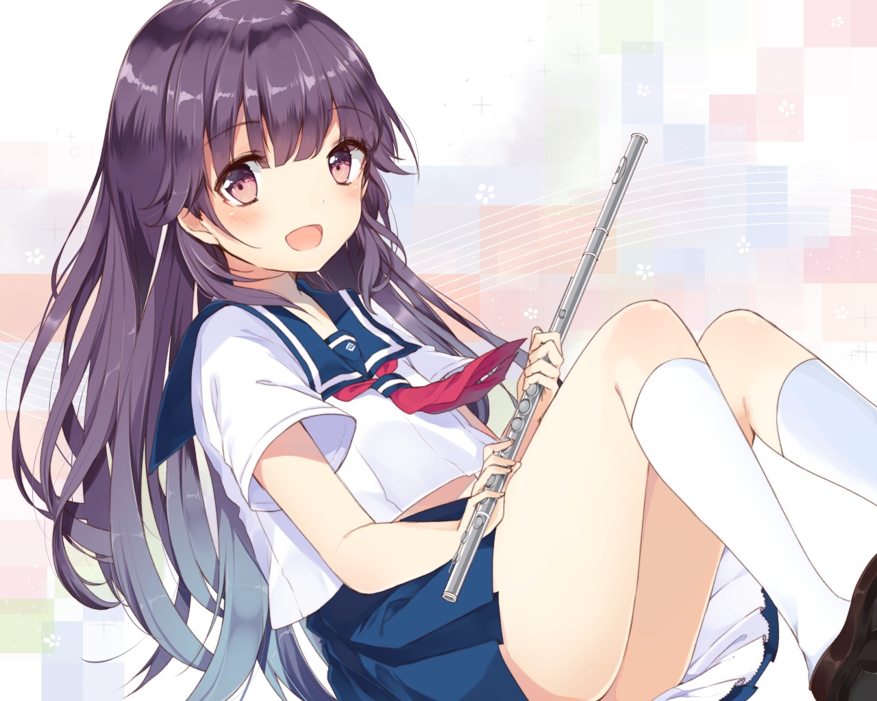 blush, flute, haruchika:_haruta_to_chika_wa_seishun_suru, homura_chika, instrument, kneehighs, long_hair, purple_eyes