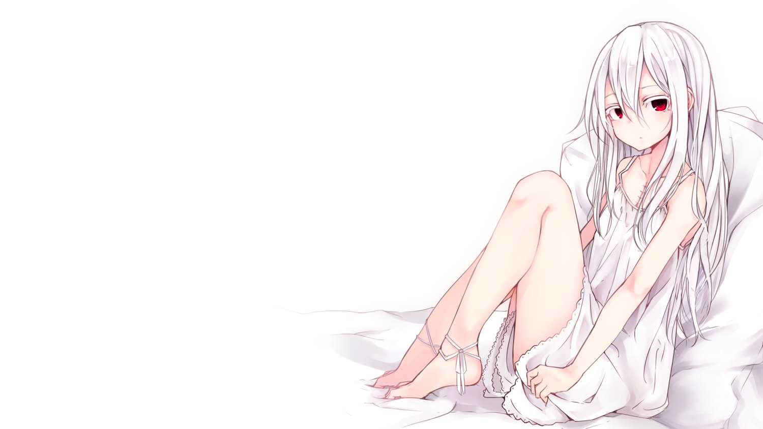 barefoot, dress, long_hair, original, otokuyou, red_eyes, scar, shiroi_ko_(otokuyou), third-party_edit, white, white_hair