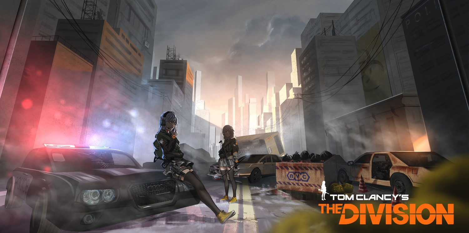 2girls, baka_(mh6516620), building, car, city, gun, headphones, logo