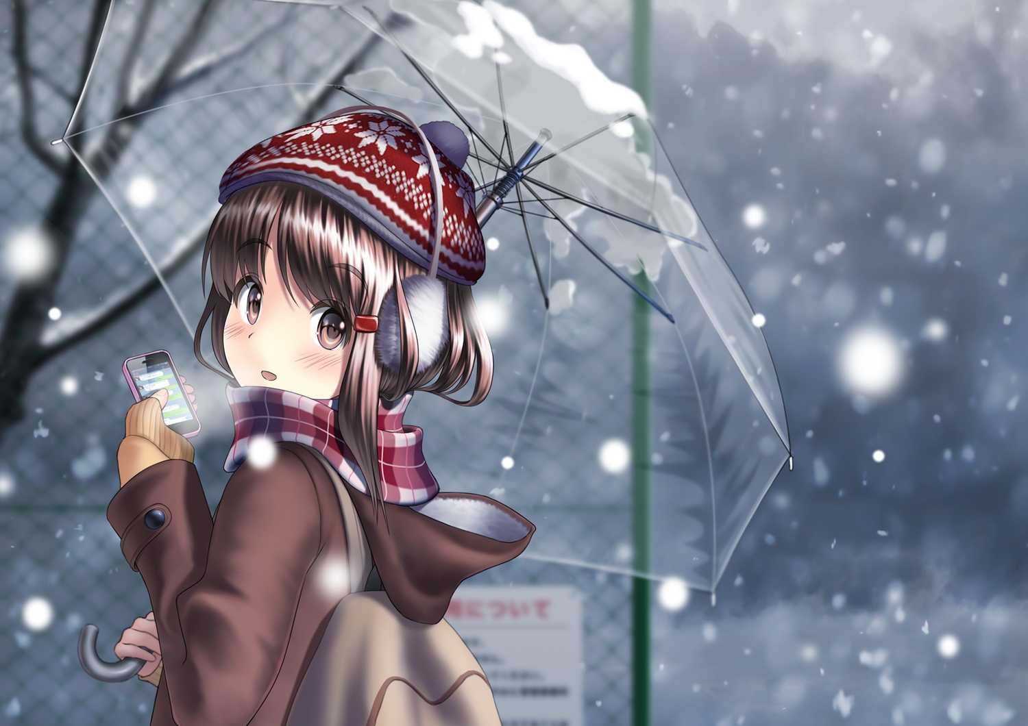 blush, earmuffs, hat, original, phone, sarekoube, scarf, snow