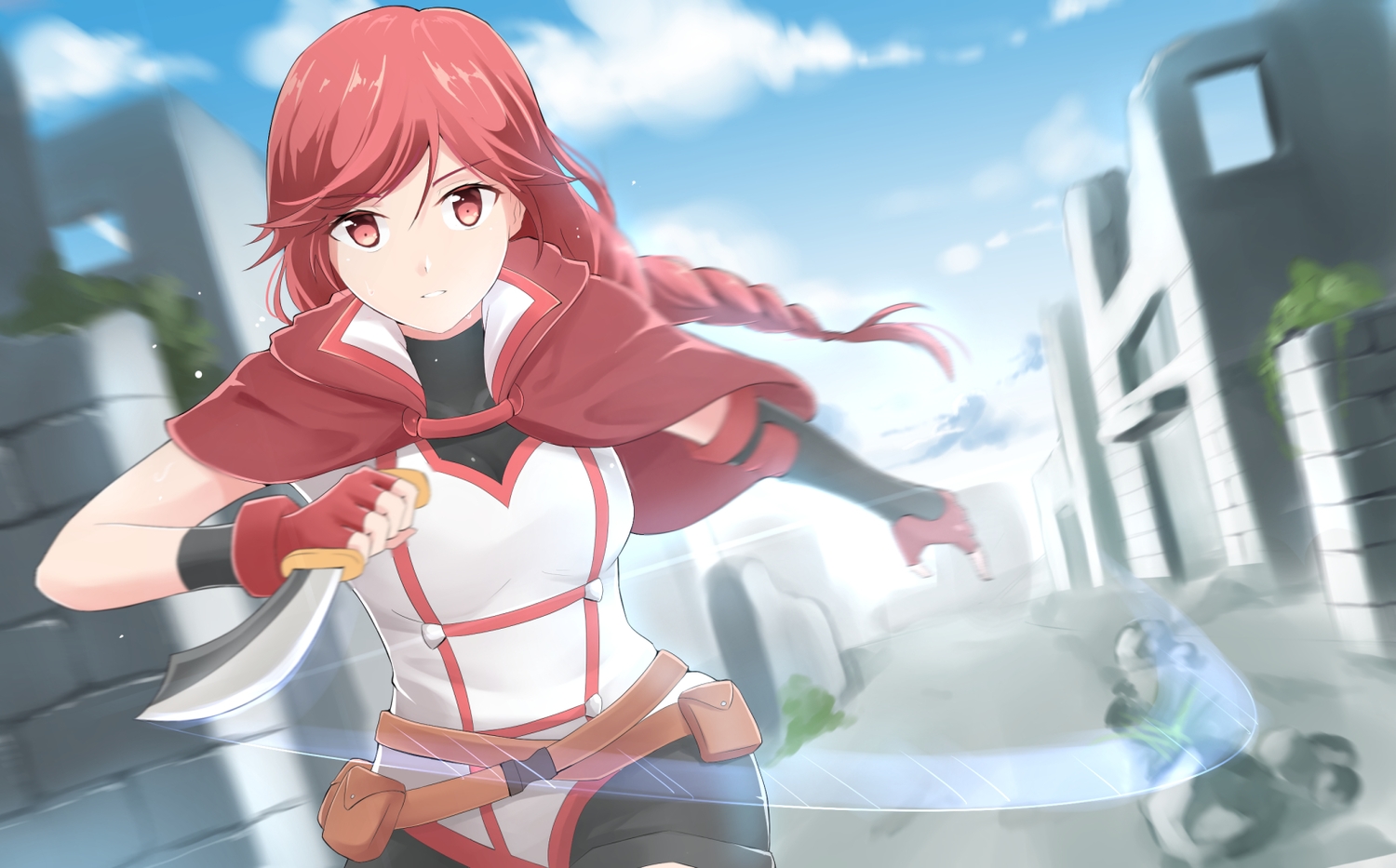 braids, cape, clouds, elbow_gloves, gloves, hai_to_gensou_no_grimgar, knife, long_hair