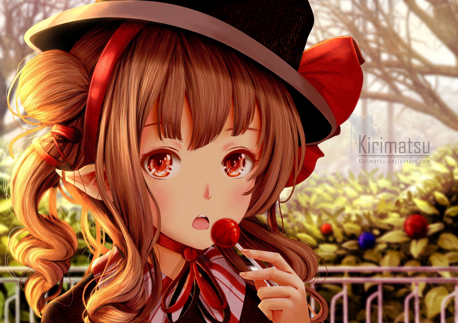 blush, brown_hair, candy, choker, close, hat, leaves, lollipop
