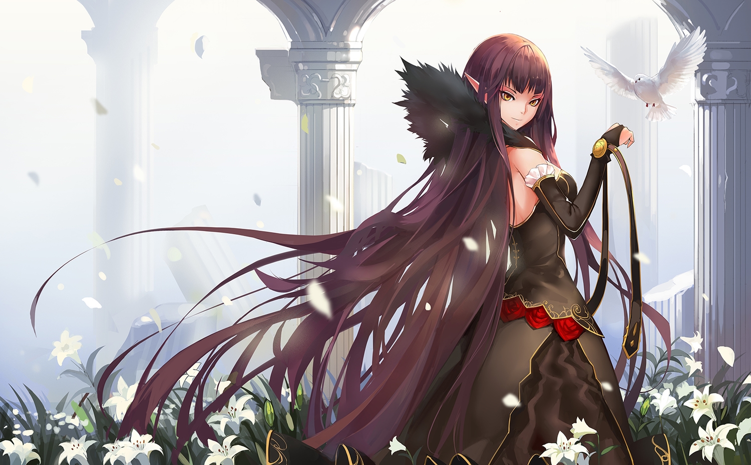 animal, bird, dress, elbow_gloves, fate/apocrypha, fate_(series), flowers, gloves, long_hair, petals, pointed_ears, semiramis, yellow_eyes, yuki_(clydtc)