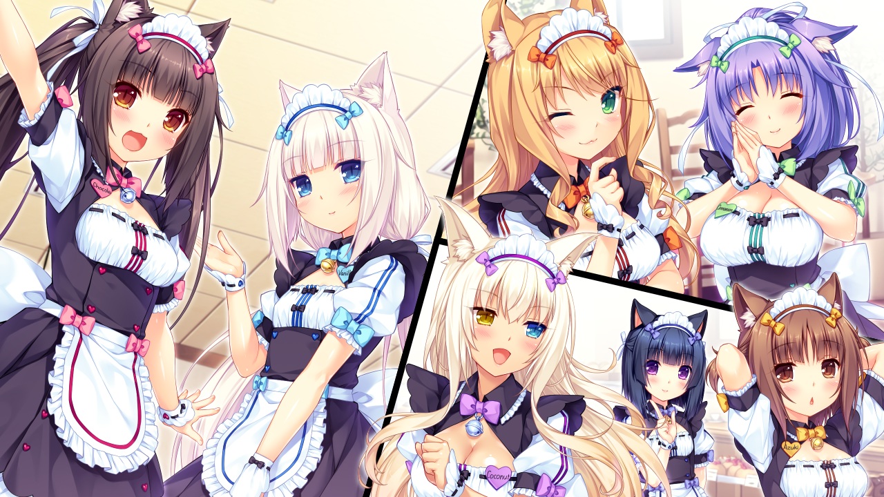 aliasing, animal_ears, apron, azuki_(sayori), bell, bicolored_eyes, black_hair, blush