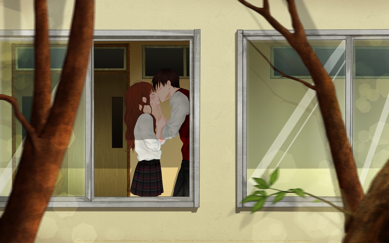 blush, brown_hair, haruna_arai, kiss, male, monu-chan, school_uniform, shireba_shiruhodo, signed, tree