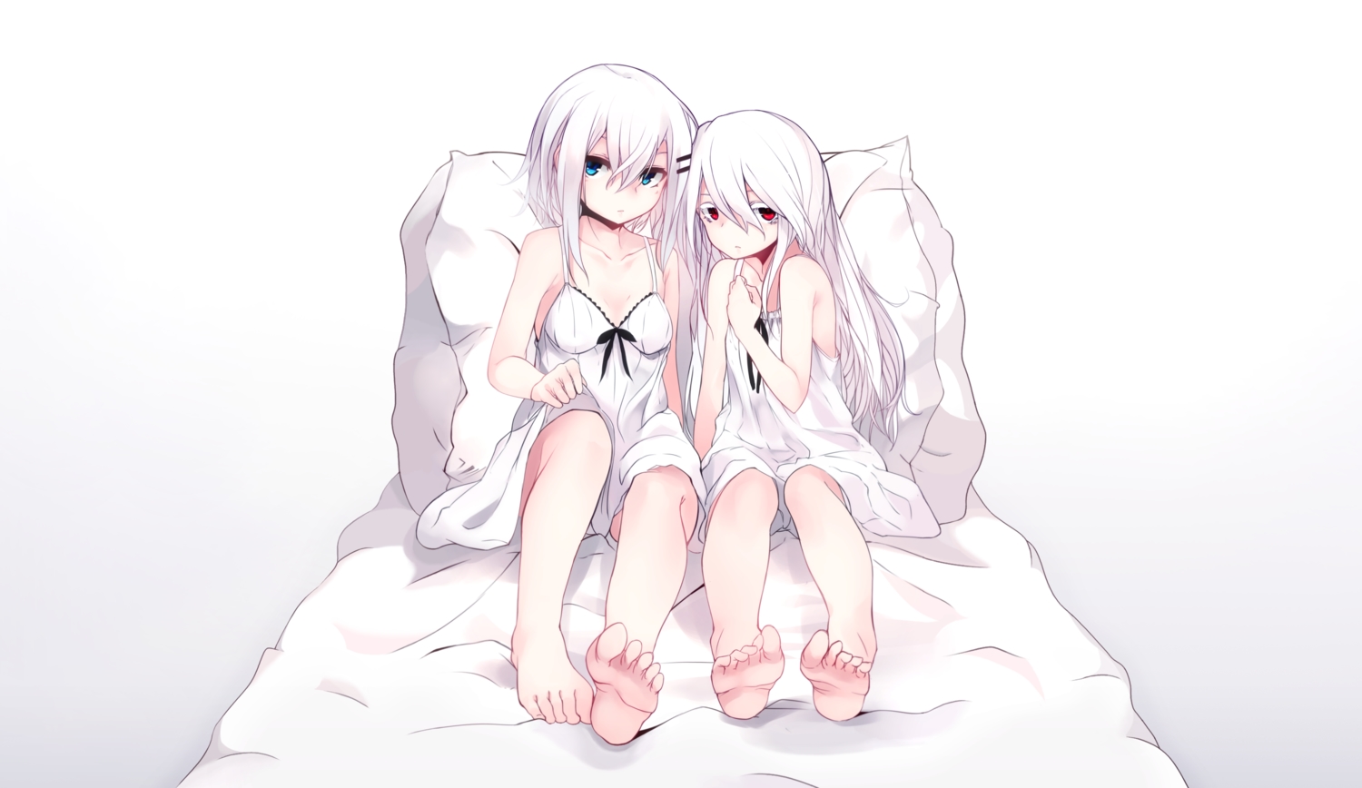 2girls, barefoot, blue_eyes, dress, gradient, long_hair, original, otokuyou