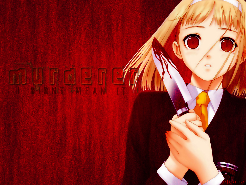 after, blonde_hair, blood, headband, knife, red, red_eyes, school_uniform