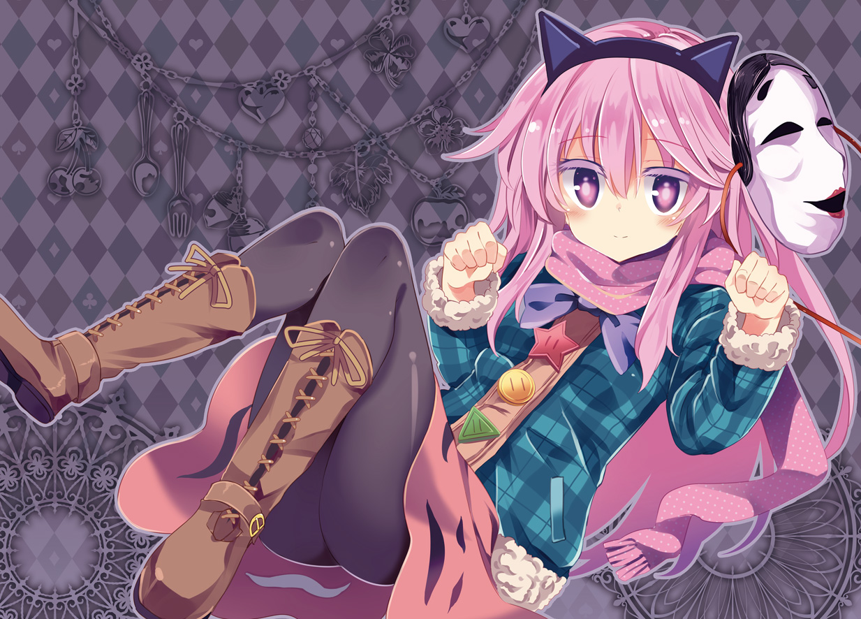 animal_ears, blush, boots, bow, hata_no_kokoro, headband, long_hair, mask
