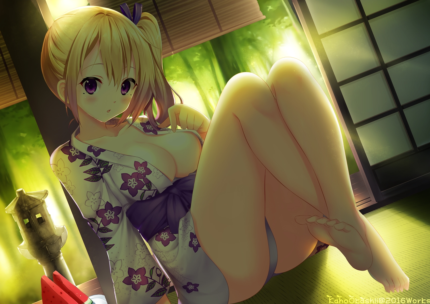 barefoot, blonde_hair, blush, breasts, cleavage, food, fruit, green, japanese_clothes, kaho_okashii, kawakami_mai, musaigen_no_phantom_world, no_bra, panties, purple_eyes, summer, underwear, watermelon, yukata