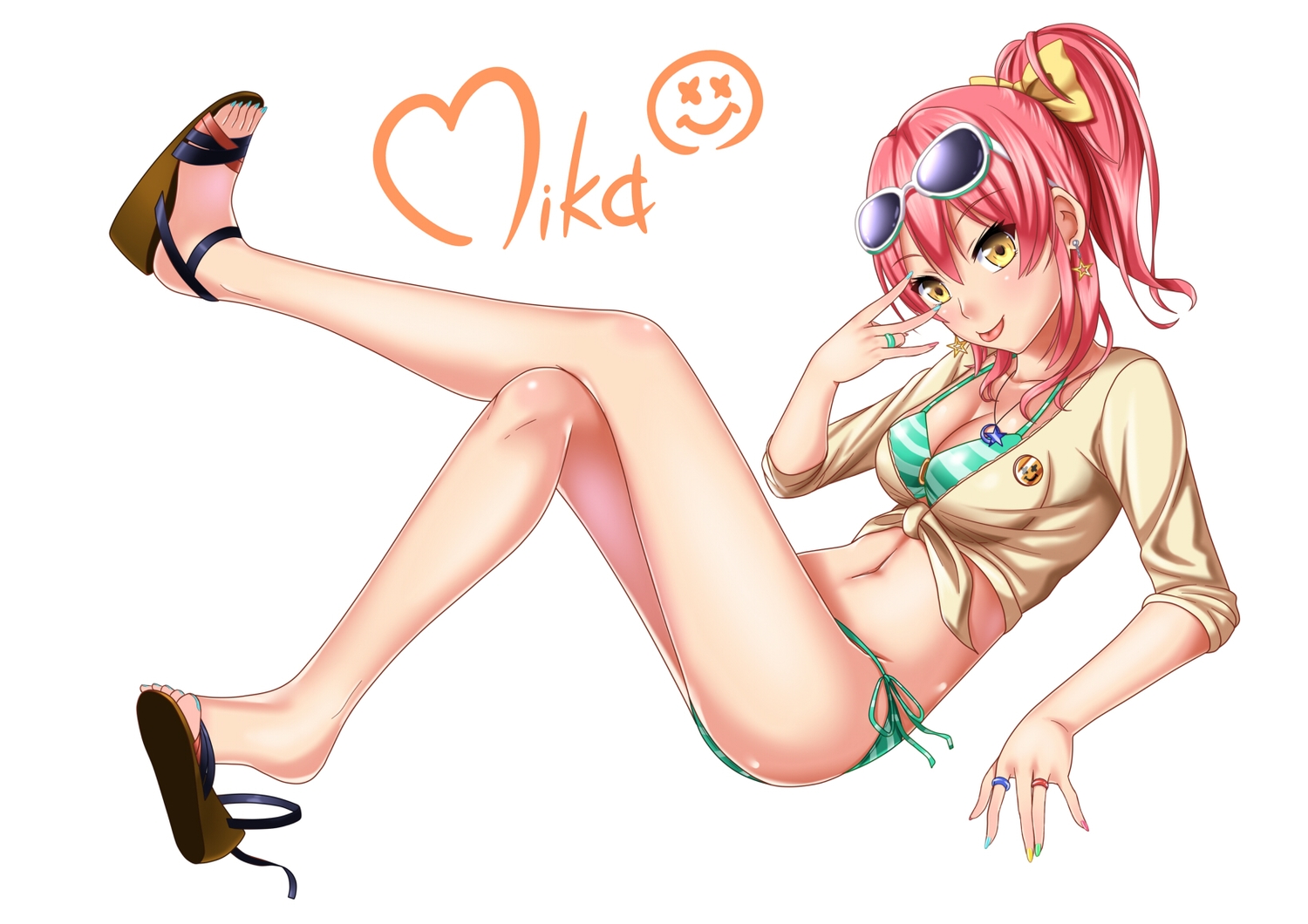 bikini, breasts, cleavage, idolmaster, idolmaster_cinderella_girls, jougasaki_mika, navel, pink_hair, ponytail, sunglasses, swimsuit, yellow_eyes, zaregotodukainodesi
