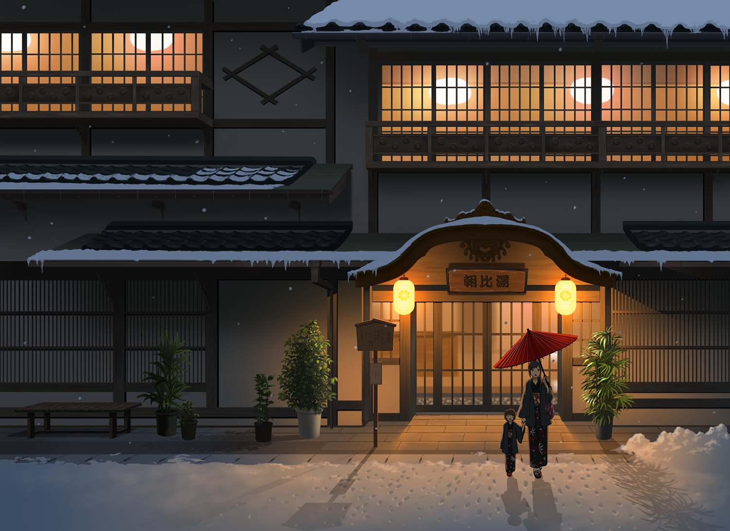 building, japanese_clothes, leaves, loli, nauimusuka, night, original, scenic, snow, umbrella
