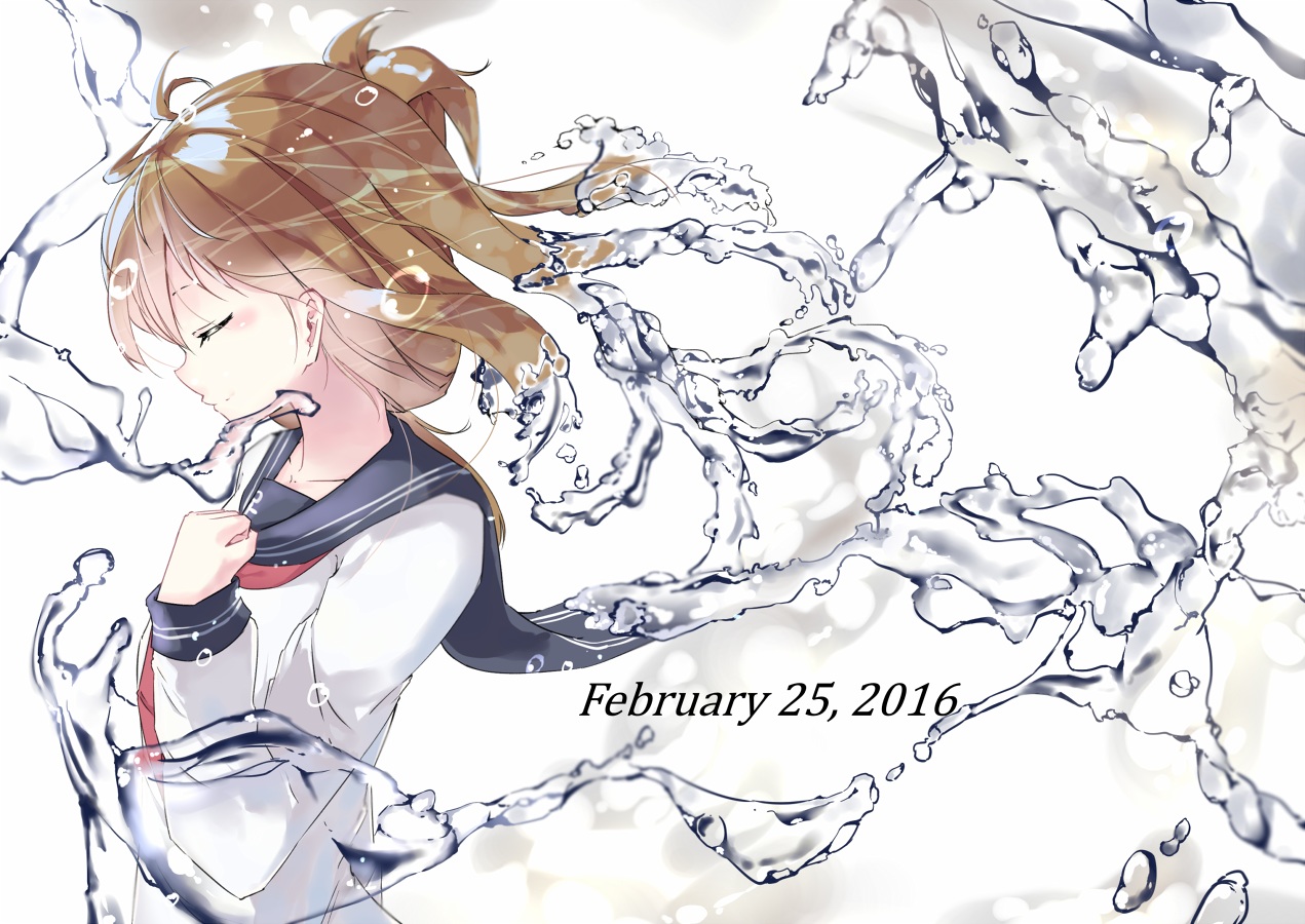 anthropomorphism, brown_hair, hamaru_(s5625t), inazuma_(kancolle), kantai_collection, school_uniform, water