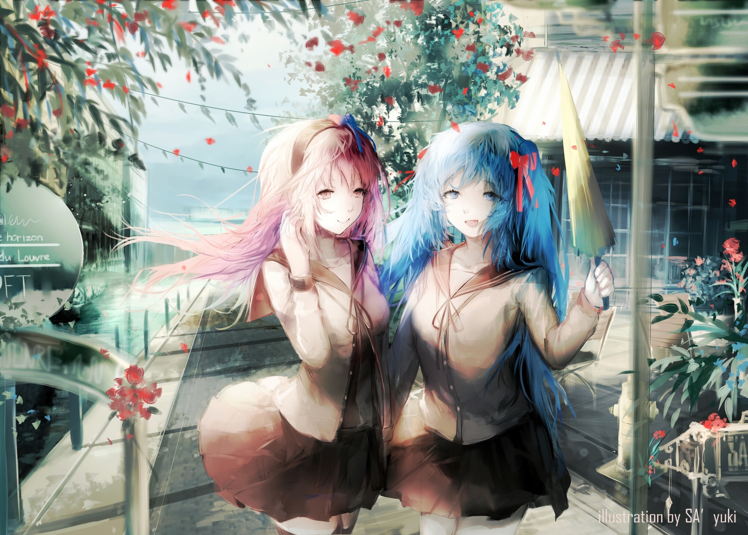2girls, bow, flowers, hatsune_miku, long_hair, megurine_luka, sa'yuki, school_uniform