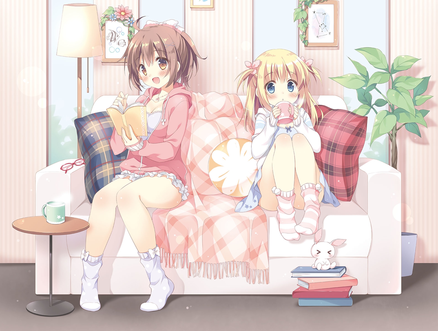 2girls, blonde_hair, blue_eyes, blush, book, breasts, brown_eyes, brown_hair, bunny, cleavage, couch, drink, glasses, hood, jpeg_artifacts, kokoa-chan_(pan), leaves, loli, long_hair, original, pan_(mimi), short_hair, socks, ten-chan_(pan), twintails