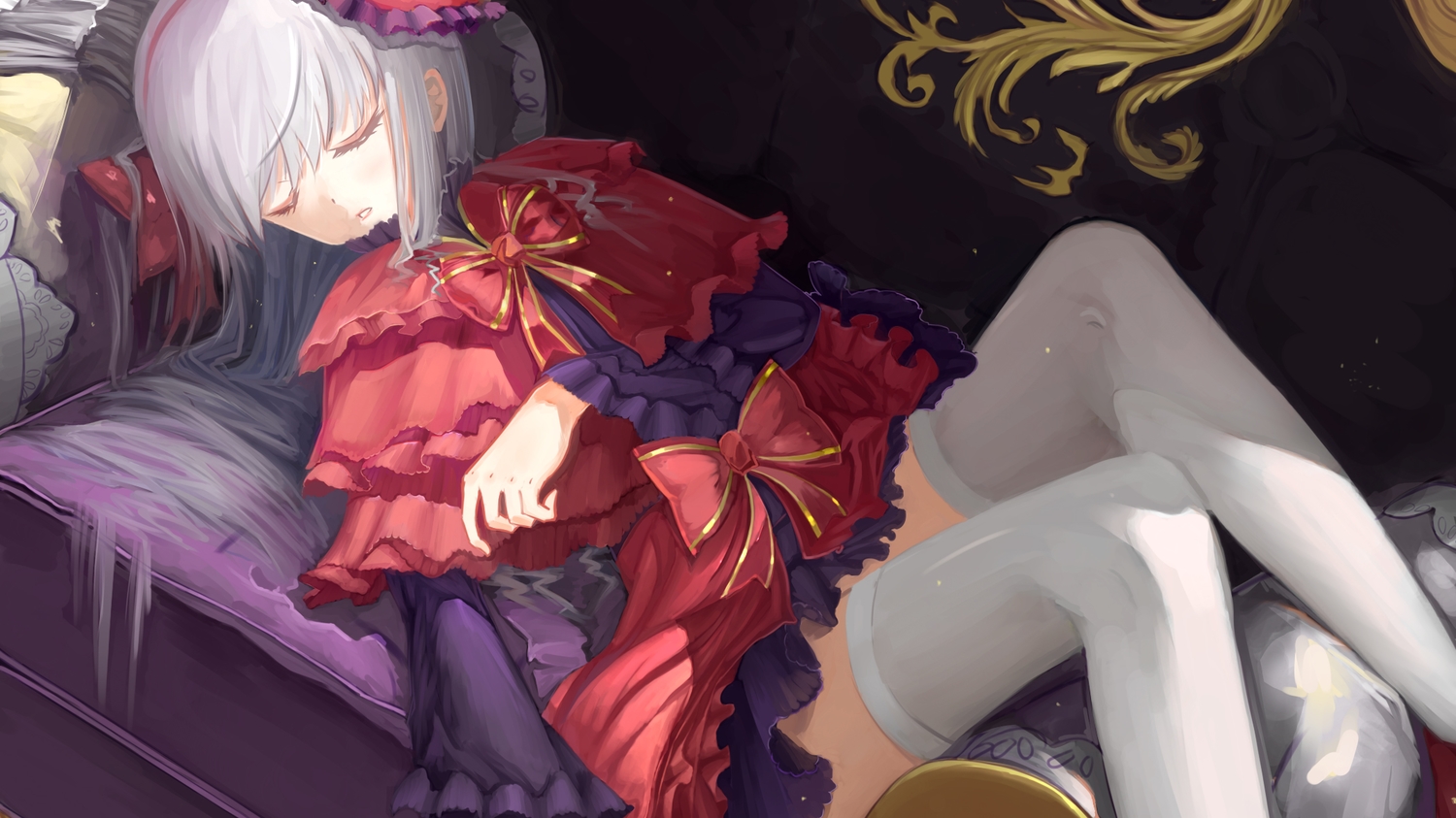 bow, couch, gray_hair, headband, k_(anime), kushina_anna, lolita_fashion, long_hair