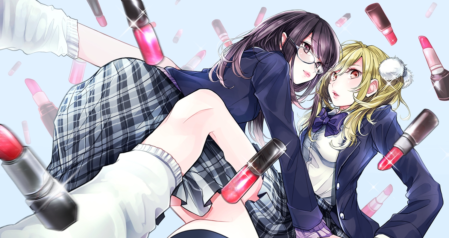 2girls, black_hair, blonde_hair, bow, glasses, kneehighs, long_hair, noricopo_(nori0w0)