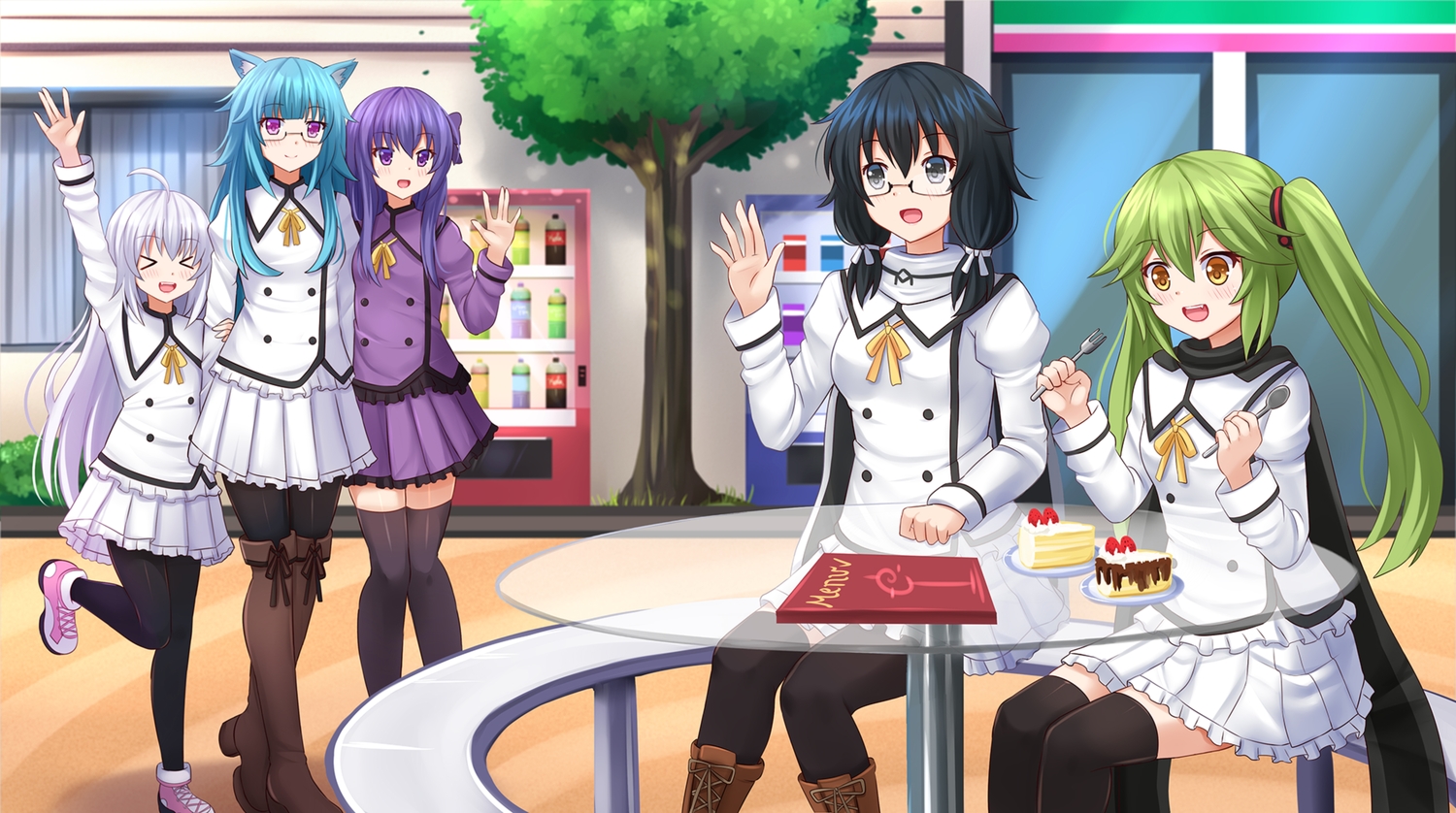 animal_ears, aqua_hair, black_hair, blush, boots, bow, cake, catgirl