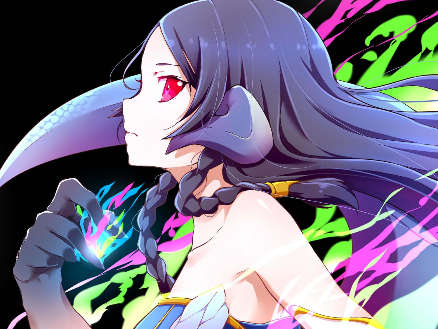 black_hair, braids, horns, jpeg_artifacts, long_hair, magic, original, red_eyes, suzuki_moeko