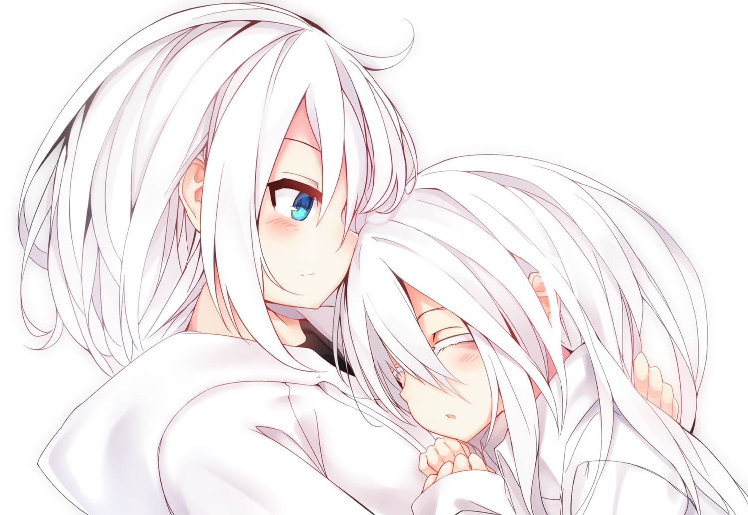 2girls, aqua_eyes, blush, hood, long_hair, original, otokuyou, ringo-chan_(otokuyou)