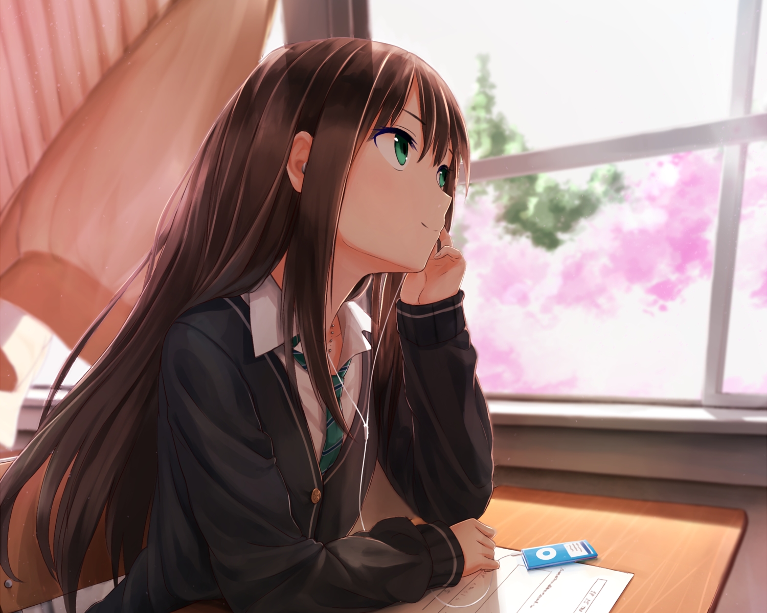 brown_hair, cropped, green_eyes, headphones, idolmaster, idolmaster_cinderella_girls, kachayori, long_hair, school_uniform, shibuya_rin, tie, waifu2x
