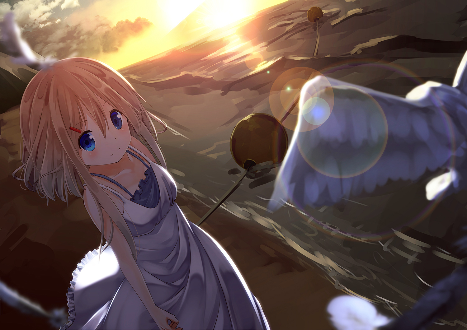 animal, beach, bird, blonde_hair, blue_eyes, dress, kagayan1096, original