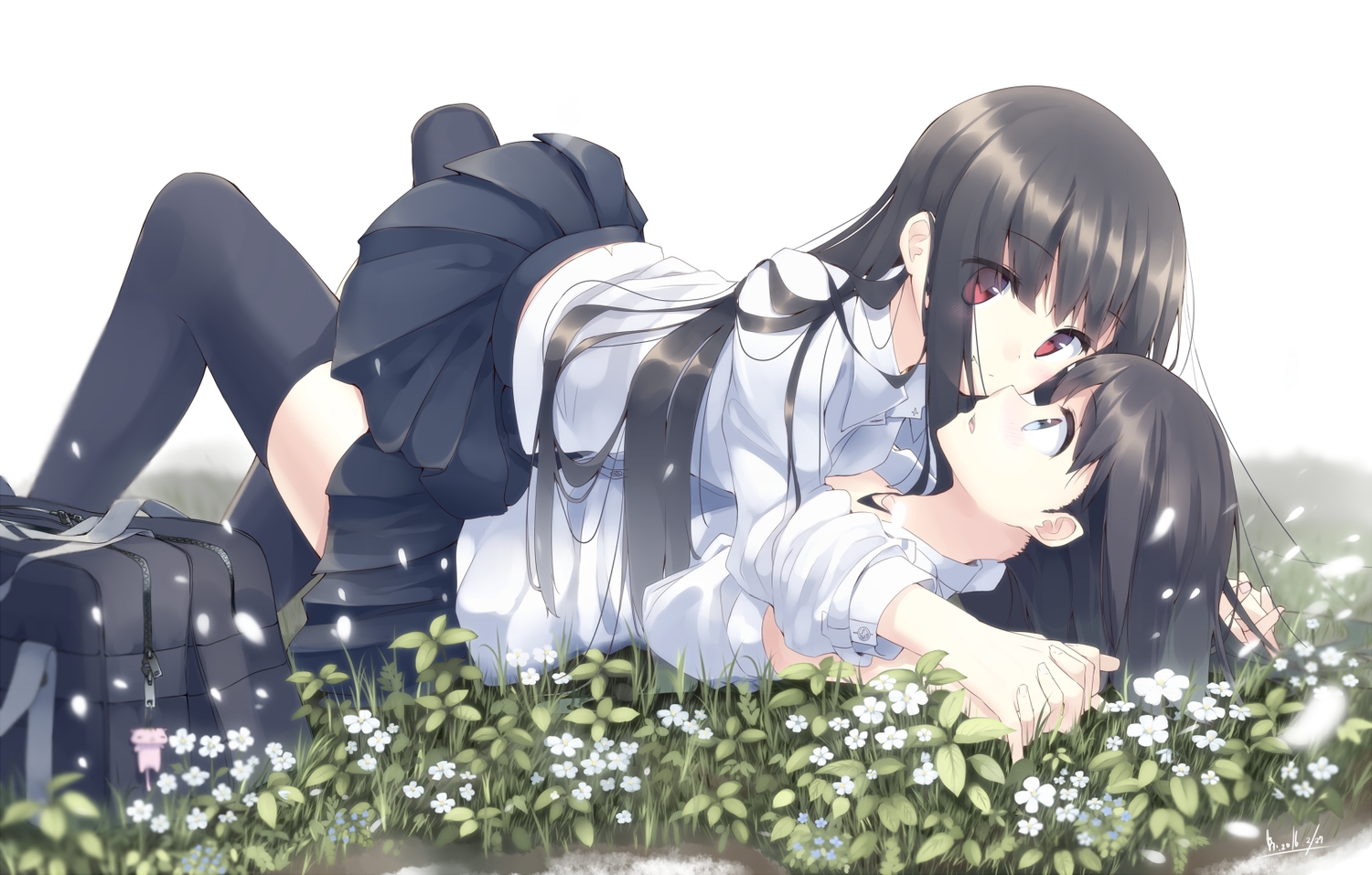 2girls, black_hair, flowers, leaves, long_hair, makadamixa, original, red_eyes, school_uniform, shoujo_ai, skirt, thighhighs