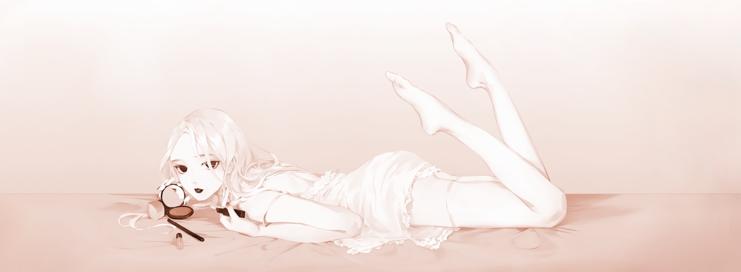 ass, brown, dress, dualscreen, long_hair, mirror, monochrome, moss_(2225028)