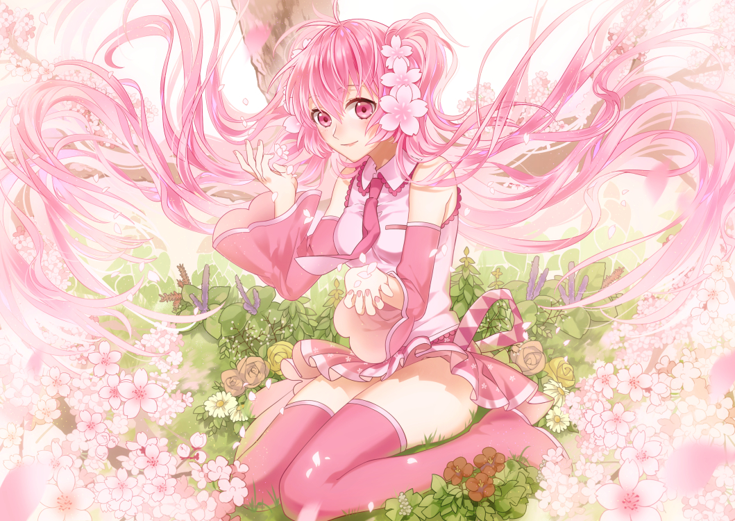 aliasing, boots, flowers, hatsune_miku, kurisu_takumi, long_hair, pink_eyes, pink_hair